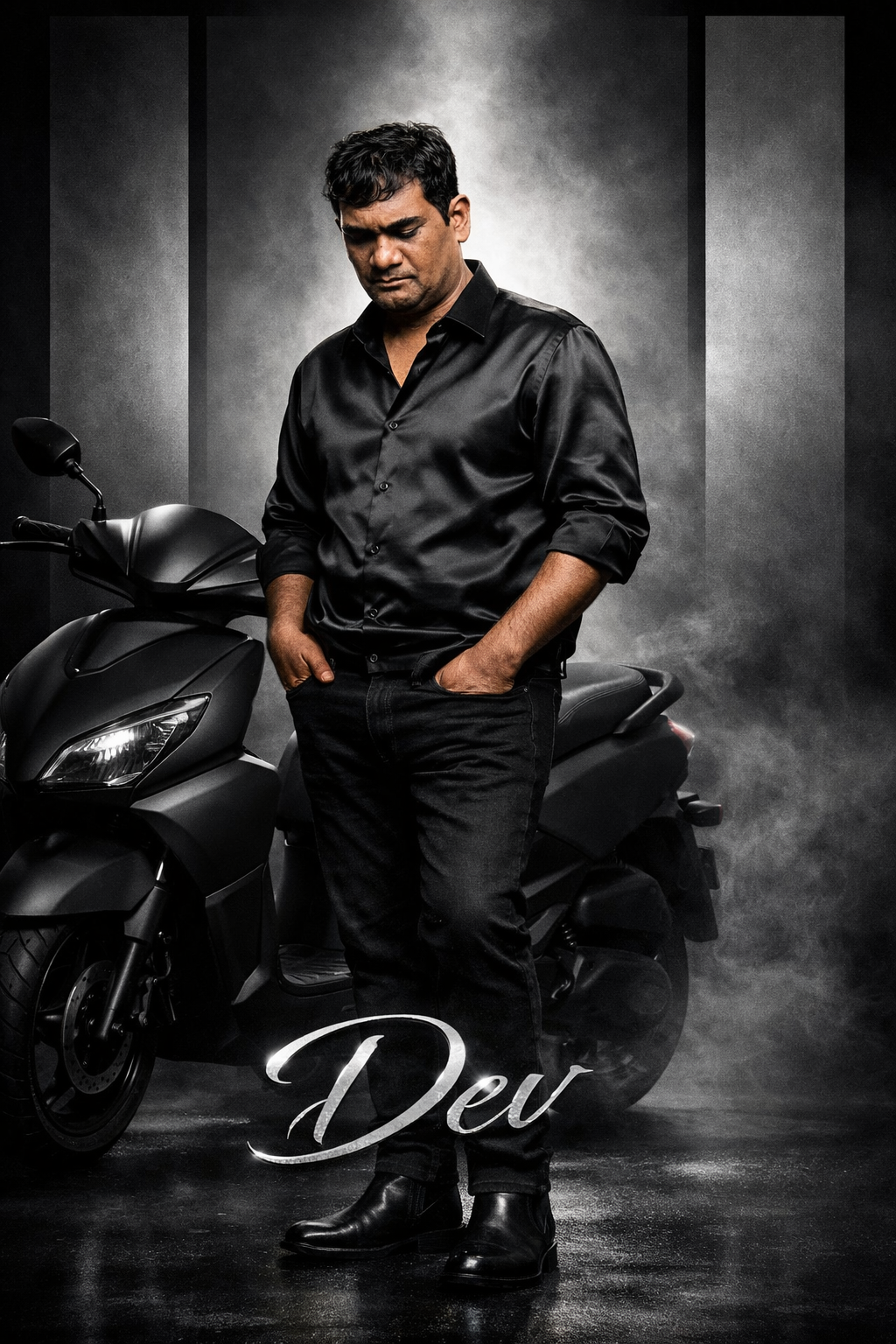 Create ultra-detailed luxury cinematic poster, 4:5. MAIN SUBJECT: Standing beside matte scooter in studio. Pose: hands in pockets, looking down slightly. OUTFIT: Black satin shirt. Black jeans. Chelsea boots. BACKGROUND: Matte black background. Soft spotlight behind subject. Subtle smoke texture. COLLAGE PANELS: Minimal vertical grayscale panels. TYPOGRAPHY: Silver metallic script "Dev". LIGHTING: Dramatic studio lighting. Follow @smitdigital