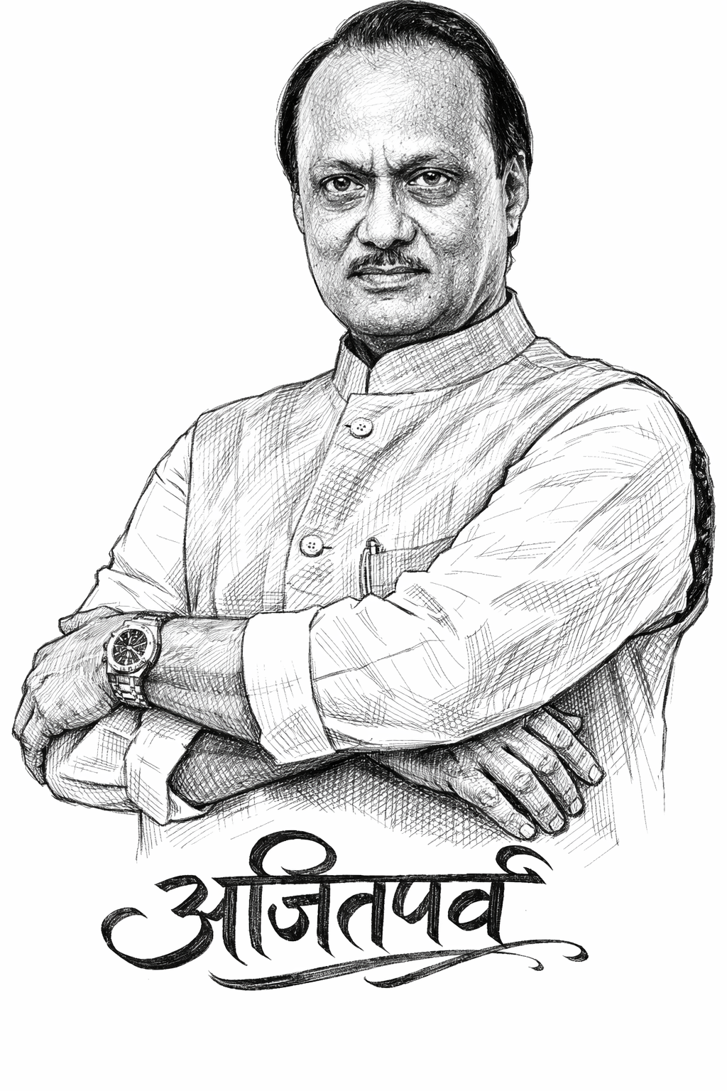 Create an image in black sketch. Write Text the calligraphy style "अजितपर्व" in Devanagari script below.