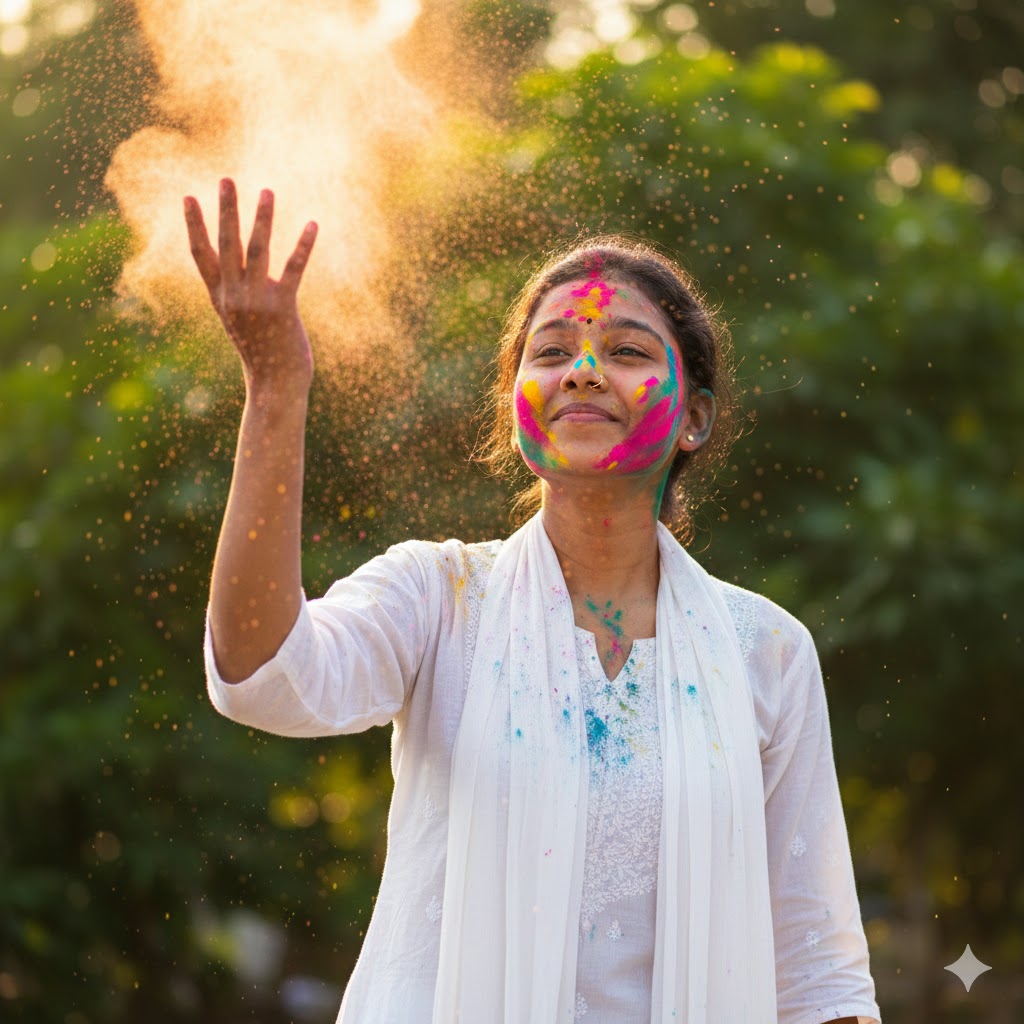 Holi portrait of a young person. Dressed in a white kurta and a lona scarf, he's surrounded by a shower of colorful gulal powder. With a soft smile and eyes slightly closed, he raises his hand as bright colors explode around him. The outdoor setting features dreamy bokeh and warm golden lighting, capturing the vibrant festival vibe perfectly. Feeling the festive spirit. Make sure face are same as reference Image.